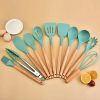 12-Piece Silicone Kitchen Utensils Set with Wooden Handles – Non-Stick Cooking Pot Kitchenware Bundle with Storage Bucke | Wooden Utensils Kitchen & Dining Wooden Utensils