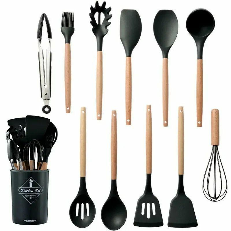 12-Piece Silicone Kitchen Utensils Set with Wooden Handles – Non-Stick Cookware, Spatula, Egg Beaters, Kitchenware Acces | Wooden Utensils Kitchen & Dining Wooden Utensils