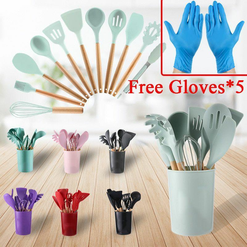 12PCS Silicone Kitchen Utensils Set: Non-Stick Cookware with Wooden Handle Spatula, Egg Beaters – Kitchenware Accessorie | Wooden Utensils Kitchen & Dining Wooden Utensils