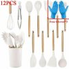 12PCS Silicone Kitchen Utensils Set: Non-Stick Cookware with Wooden Handle Spatula, Egg Beaters – Kitchenware Accessorie | Wooden Utensils Kitchen & Dining Wooden Utensils