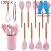 12PCS Silicone Kitchen Utensils Set: Non-Stick Cookware with Wooden Handle Spatula, Egg Beaters – Kitchenware Accessorie | Wooden Utensils Kitchen & Dining Wooden Utensils