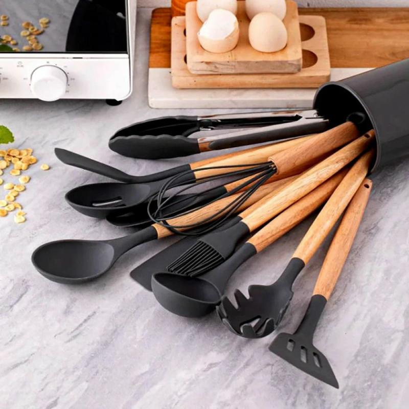 12Pcs Silicone Kitchen Utensils Set with Wooden Handle Bucket – High Temperature Resistant, Non-Stick Pot Spatula & Spoo | Wooden Utensils Kitchen & Dining Wooden Utensils