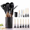 12Pcs Silicone Kitchen Utensils Set with Wooden Handle Bucket – High Temperature Resistant, Non-Stick Pot Spatula & Spoo | Wooden Utensils Kitchen & Dining Wooden Utensils