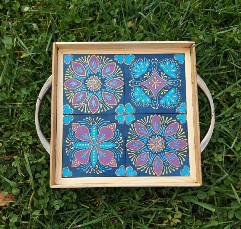 Bright wood square coffee tray decorated with handpainted tiles | Coasters & Trays Coasters & Trays Coasters & Trays