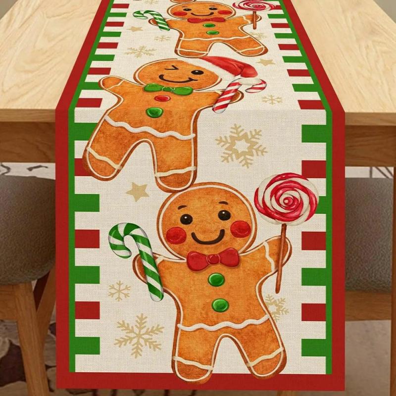 Christmas Linen Table Runners: Gingerbread Man, Santa, Snowflake Decor for Xmas Dining | Table Linens Kitchen & Dining Table Linens