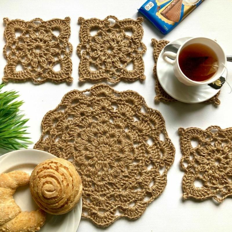 Crocheted Boho Style Coasters PDF Pattern for Trendy Table Decor Eco Friendly Jute Drink Coasters Farmhouse decor | Coasters & Trays Coasters & Trays Coasters & Trays