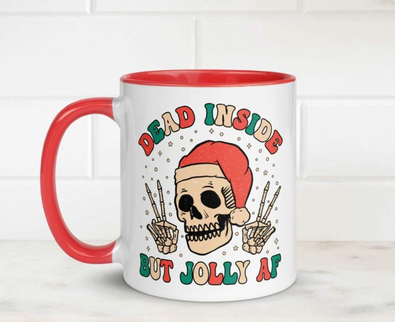 Dead Inside But Jolly AF Christmas mug – Festive Coffee Cup – Dark Humour Skeleton – 11oz Ceramic Mug.jpg | Quote Mug Kitchen & Dining Quote Mug