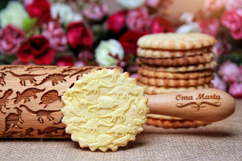 Dinosaur engraved rolling pin Carved mold Embossed dough roller Sugar cookies Gift for child French rolling pin | Wooden Utensils Kitchen & Dining Wooden Utensils