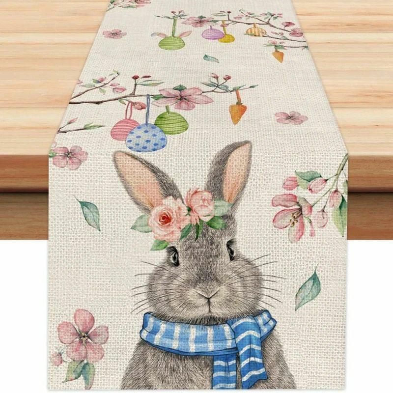 Easter Linen Table Runners: Spring Rabbit, Colorful Eggs, Tulip – Farmhouse Dining & Party Decor | Table Linens Kitchen & Dining Table Linens