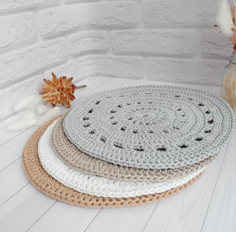 Enhance Your Table Decor: Cozy Crochet Placemat Set with Stylish Round Pattern, 4 pcs | Coasters & Trays Coasters & Trays Coasters & Trays