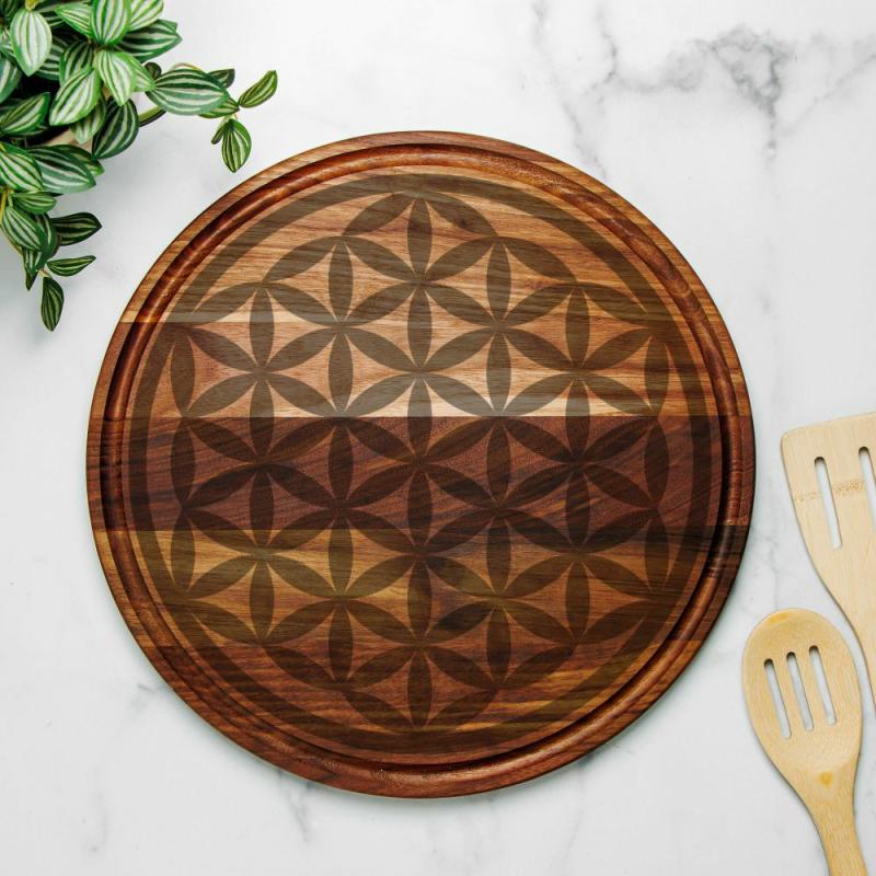 Large Crystal Grid | 13.5" Round Wood Cutting Board with Groove, Charcuterie Serving Tray | Sacred Geometry Seed of Life | Wooden Utensils Kitchen & Dining Wooden Utensils