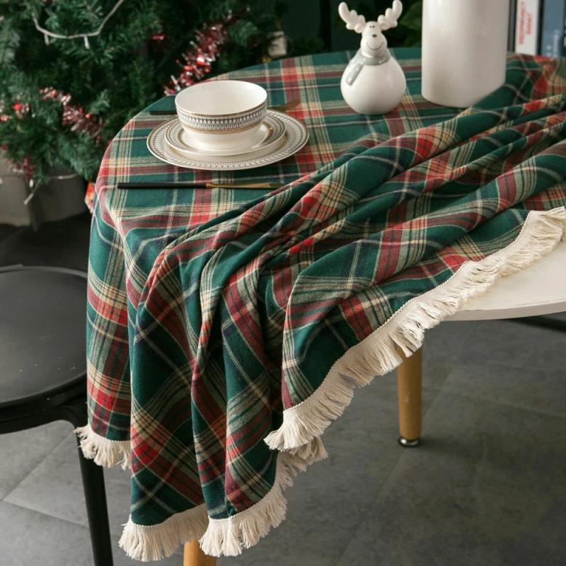 Linen Christmas Tablecloth: Green Plaid Holiday Village Design – Rectangular Dining Table Cover for New Year Home Decor | Table Linens Kitchen & Dining Table Linens