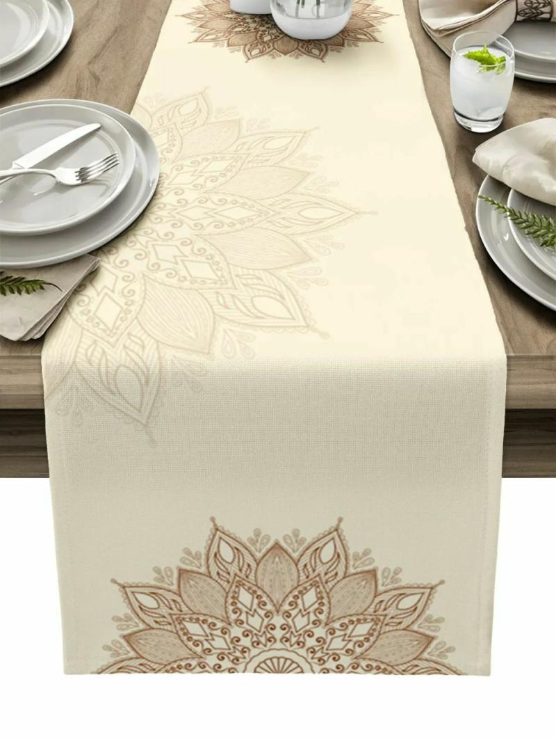 Mandala Flowers Linen Table Runner – Farmhouse Kitchen Decoration for Holiday Parties | Table Linens Kitchen & Dining Table Linens