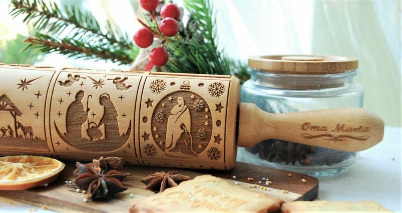 Nativity engraved rolling pin Embossed dough roller Carved mold Biblical stories Christmas cookies Christmas gift | Wooden Utensils Kitchen & Dining Wooden Utensils