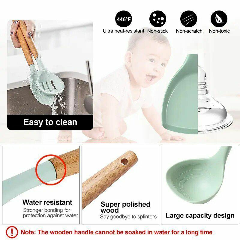 Silicone Kitchen Utensils Set: Non-Stick Cookware with Wooden Handle Spatula, Egg Beaters – Kitchenware & Accessories | Wooden Utensils Kitchen & Dining Wooden Utensils