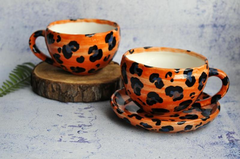 Tea set leopard, cappuccino cup and saucer, handmade spotted set of dishes, ceramic mug 6oz. | Teapots & Tea Sets Kitchen & Dining Teapots & Tea Sets