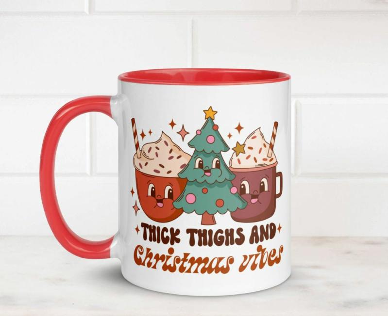 Thick Thighs and Christmas Vibes – Retro Vintage Christmas Mug Mascot – Fun Gift Stocking Filler Secret Santa.jpg | Quote Mug Kitchen & Dining Quote Mug