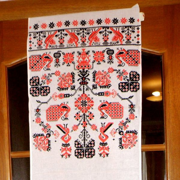 Ukrainian Rushnyk runner. NOS Decorative Towel with red and black printed pattern, Ukrainian wedding and home decor. | Table Linens Kitchen & Dining Table Linens