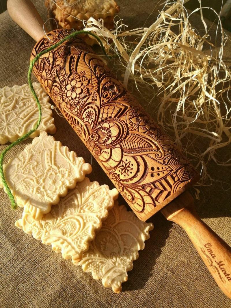 Wooden engraved rolling pin Embossed rolling pin Dough with pattern Cookie stamp Carved molds Gingerbread Gift for mom | Wooden Utensils Kitchen & Dining Wooden Utensils