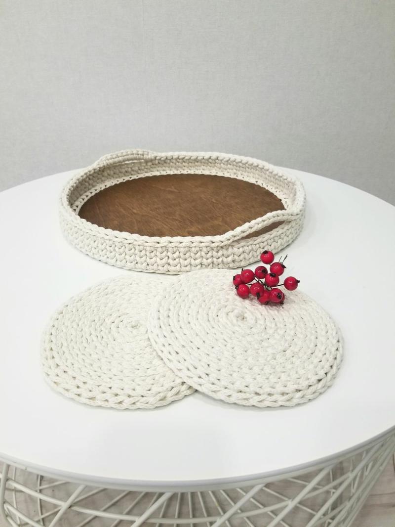 Serving tray 2 napkins Serving dish Crochet coaster Coffee tray Table decoration Cotton tray Gift | Coasters & Trays Coasters & Trays Coasters & Trays